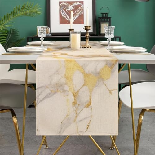 Tischläufer Leinen Tischläufer Frühling Abstrakte Kunst Beige Marmor Goldstruktur Tischdecke für Bauernhaus Esstisch Party Hochzeit Küche Wohnzimmer Sommer 33 x 183 cm von DakTou