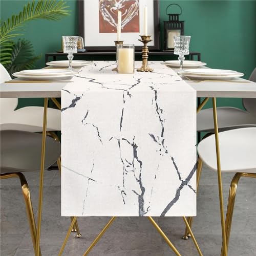 Tischläufer Modern Frühlings Tischläufer Leinen Wohnzimmer Abstrakte Kunst Weißer Marmor Graue Textur Rustikaler für Hochzeit Esstisch Party Couchtisch Bauernhaus 40 x 140 cm von DakTou