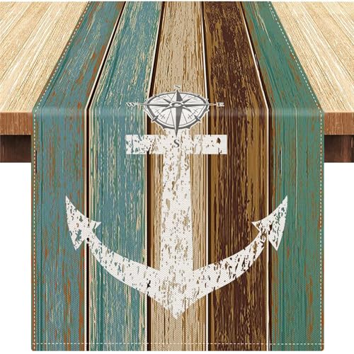 Tischläufer Modern Tischläufer Frühling Leinen Grün Blaugrün Braun Vintage Nautisch Anker Tischmatten Rustikale Scheune Holzstruktur Esstisch Dekoration Tischläufer für Party Hochzeit 33x183cm von DakTou