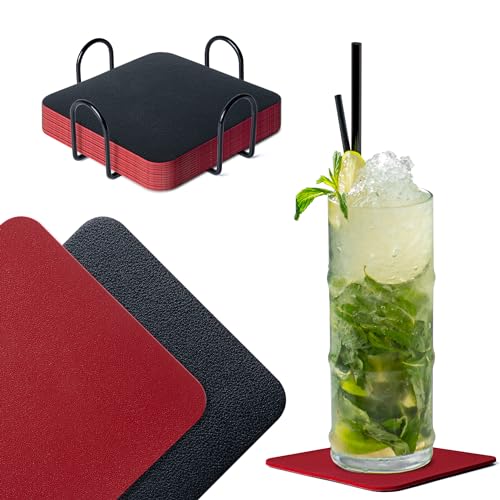 Dalababa Glasuntersetzer Leder 12er Set mit Halter, Quadratisch Doppelseitigen Untersetzer Gläser, Abwischbar Getränkeuntersetzer für Tee Kaffee Bar Tassen, Kerzen, Pflanzen (Schwarz Rot) von Dalababa