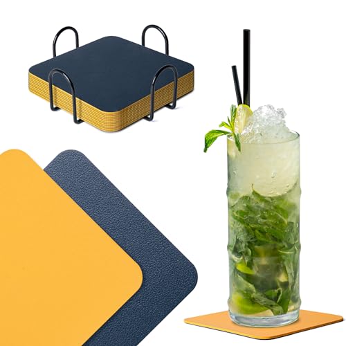 Dalababa Glasuntersetzer Leder 12er Set mit Halter, Quadratisch Doppelseitigen Untersetzer Gläser, Abwischbar Getränkeuntersetzer für Tee Kaffee Bar Tassen, Kerzen, Pflanzen (Blau Gelb) von Dalababa