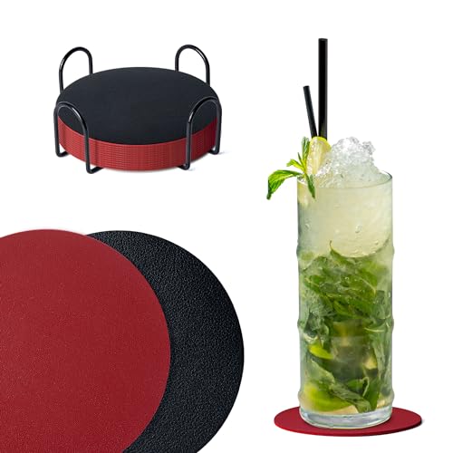 Dalababa Glasuntersetzer Leder 12er Set mit Halter, Rund Doppelseitigen Untersetzer Gläser, Abwischbar Getränkeuntersetzer für Tee Kaffee Bar Tassen, Kerzen, Pflanzen (Schwarz Rot) von Dalababa