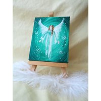 Hand Gemaltes Mini Engelbild Türkis Inkl. Staffelei von DalayaArt