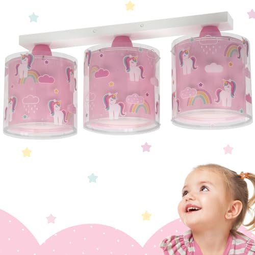 Dalber Deckenlampe kinderzimmer, Deckenleuchte für Kinder 3 Lichter Einhörner Tiere Unicorns, Deckenlampe Kinderzimmer, 41593, E27, Rosa von Dalber