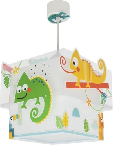 Dalber Lampe kinderzimmer, kinderlampe Pendelleuchte Hängelampe, Deckenleuchte Kinder, Deckenlampe kinderzimmer Happy Jungle Chamäleon Tiere Dschungel, 63312, E27 von Dalber