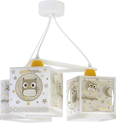 Dalber Lampe kinderzimmer, kinderlampe Pendelleuchte Hängelampe, Deckenleuchte Kinder, Deckenlampe kinderzimmer 3 Lichter Eule Tiere Good Night, 63394, E27, Beige von Dalber