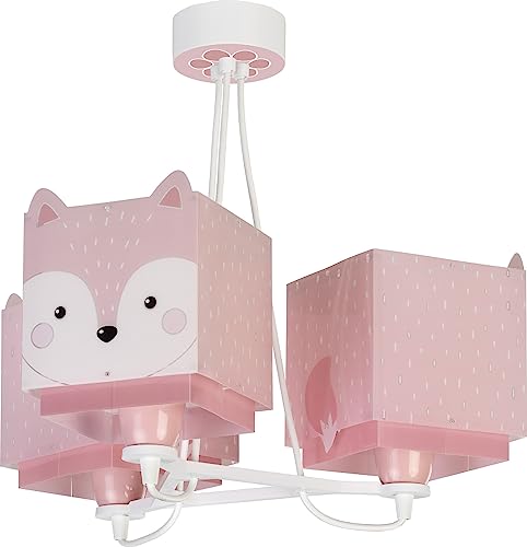 Dalber Lampe kinderzimmer, kinderlampe Pendelleuchte Hängelampe, Deckenleuchte Kinder, Deckenlampe kinderzimmer 3 Lichter Little Fox Fuchs Tiere, rose, 64587, E27 von Dalber