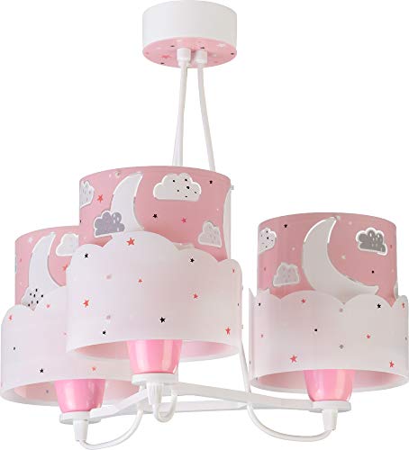 Dalber Lampe kinderzimmer, kinderlampe Pendelleuchte Hängelampe, Deckenleuchte Kinder, Deckenlampe kinderzimmer 3 Lichter Moon Mond und Sterne Rose, 61237S, E27 von Dalber