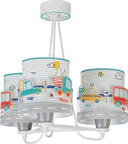 Dalber Lampe kinderzimmer, kinderlampe Pendelleuchte Hängelampe, Deckenleuchte Kinder, Deckenlampe kinderzimmer 3 Lichter Baby Travel Autos und Flugzeuge, Bunt, 61687, E27 von Dalber