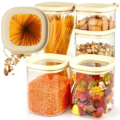 Dalena Home Vorratsgläser mit Deckel 5er-Set aus stabilem Borosilikatglas + Etiketten (1x 2000ml, 1x 1500ml, 2x 1000ml, 1x 500ml) - Luftdicht & stapelbar - Aufbewahrungsglas Küche, Vorratsdose eckig von Dalena Home