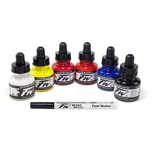 Daler-Rowney FW Acrylic Ink Bottle 6-Color Primary Set with Empty Marker - von Daler Rowney