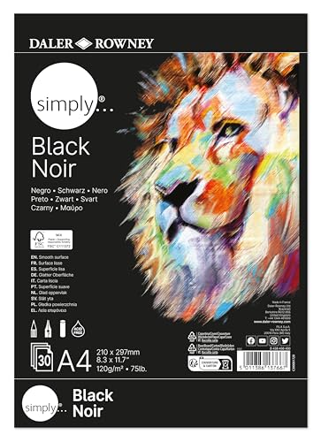 Daler-Rowney Simply, farbiges Papier, glatte Oberfläche, 120 g/m², Block 1 Seite, A4-21 x 29,7 cm, Schwarz, 30 Blatt von Daler Rowney