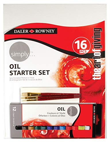 Daler-Rowney Simply Ölfarbe, 16-teiliges Starter-Set, 12 x 12 ml, verschiedene Farben, Leinwand, 3 verschiedene Pinsel, ideal für Anfänger und Hobbymaler von Daler Rowney