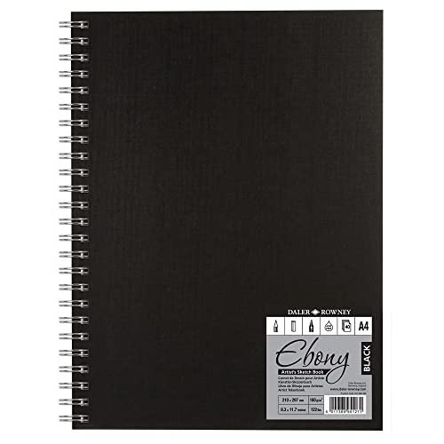 Daler Rowney Skizzenbuch, Ebenholz, 160 g/m², A4, leicht strukturiert, Hardcover, Spiralbindung, 40 schwarze Blätter, ideal für professionelle Künstler von Daler Rowney