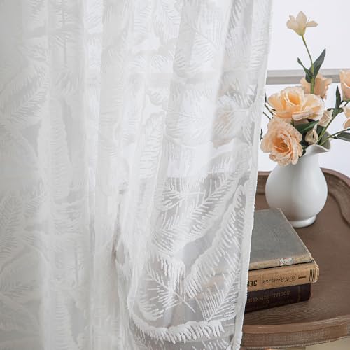 Daliena Fenstergardinen Weiß Jacquard Gardinen Store Gardinen mit Blattmuster Stickerei Küchenvorhang Lang, Schiebevorhänge für Fenster Wohnzimmer (BxH 140x225cm) 1 stück von Daliena