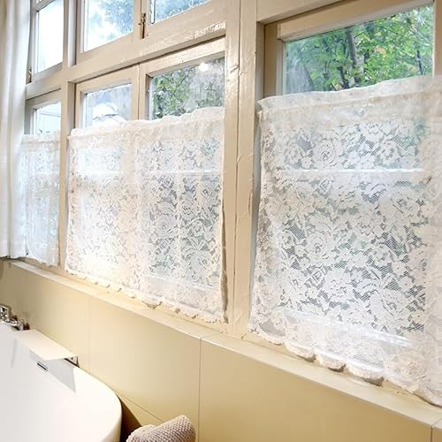 Daliena Gardine Spitze Vintage Scheibengardinen Landhaus Romantisch Rosa Kurzgardine Bistrogardine mit Blumen Kleines Fenstervorhang mit Stange (BxH 100x30cm) Weiß 1 stück von Daliena