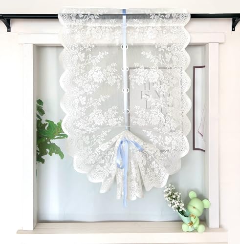 Daliena Raffrollo Spitze Küchengardine Blumenmuster Raffgardinen Halbtransparent Bändchenrollo mit Tunnelzug Rollos Kurz Vorhang Kurzstores Gardinen BxH 60x100cm Weiß 1 Stück von Daliena
