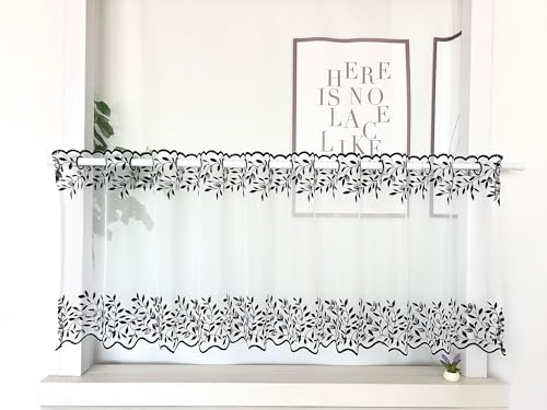Daliena Scheibengardine Blumen Stickerei Küchengardinen Landhausstil Vintage Kurzvorhang Transparent Fenstervorhang Kurz mit Lochleiste Cáfe Gardine (BxH 250x45cm) Schwarz 1 stück von Daliena