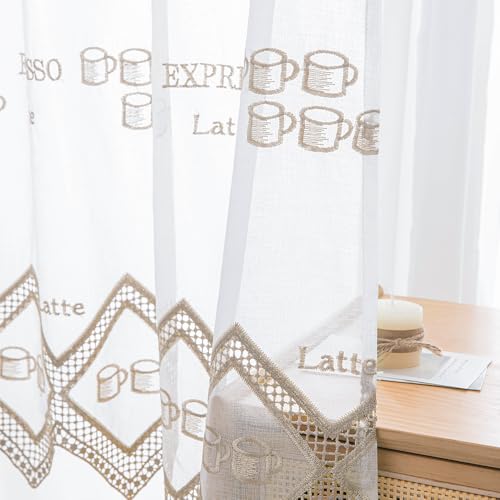 Daliena Scheibengardine Küche Kaffeemotive Bestickte Bistrogardine Gardine mit Lochleiste Küchen Vorhang, Kleine Fenstergardinen Durchsichtig für Wohnzimmer Cafés Stores Sand (BxH 80x80cm) 1 stück von Daliena