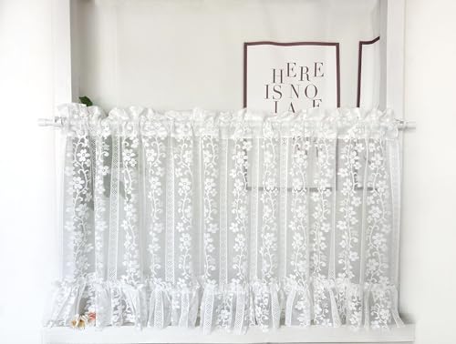Daliena Scheibengardine Spitze Jacquard Gardinen Kurz Gardine Store Halbtransparent Bistrogardine Fertiggardinen mit Muster, Gardine für Klein Fenster (BxH 120x60cm) Weiß-1 1 stück von Daliena