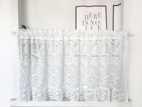 Daliena Scheibengardine Spitze Jacquard Gardinen Kurz Gardine Store Halbtransparent Bistrogardine Fertiggardinen mit Muster, Gardine für Klein Fenster (BxH 150x90cm) Weiß-2 1 stück von Daliena