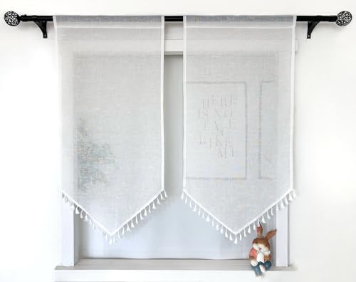 Daliena Scheibengardinen Panneaux Küchenvorhang mit Quaste Gardinen Leinenoptik Kurz Bistrogardine Lichtdurchlässig Moderne Gardine für Kleines Fenster (BxH 90x100cm) Weiß 1 stück von Daliena