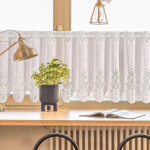 Daliena Spitzen Scheibengardine Kurz Halbtransparente Kurzgardine Fenstergardine Klein Küchengardinen Modern Gardinen mit Lochleiste, Jacquard Gardinen Weiss (BxH 90x45cm) 1 stück von Daliena