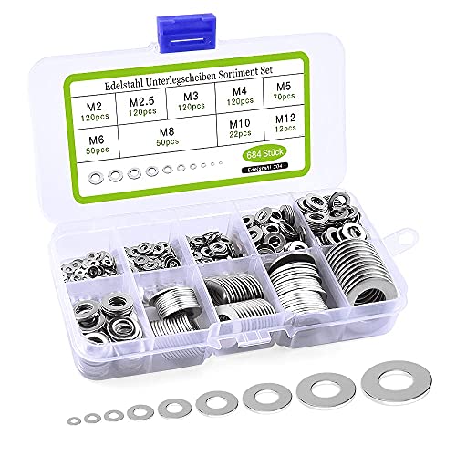 Dalifer Unterlegscheiben-Set aus Edelstahl, 684-teilig, flache Unterlegscheiben, Sicherheitsscheiben-Sortiment-Set, mit einem Sortimentskasten, insgesamt 9 verschiedene Größen M2 M2,5 M3 M4 M5 M6 M8 von Dalifer