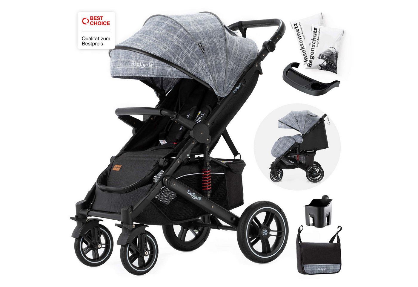 Daliya® Kinder-Buggy RAPIDY Buggy Kinderwagen, XXL Set, kompakt, Kinderbuggy, Sportwagen, (10-tlg), Liegeposition, Fußsack, Spieltisch, Wickeltasche, Regenverdeck von Daliya®
