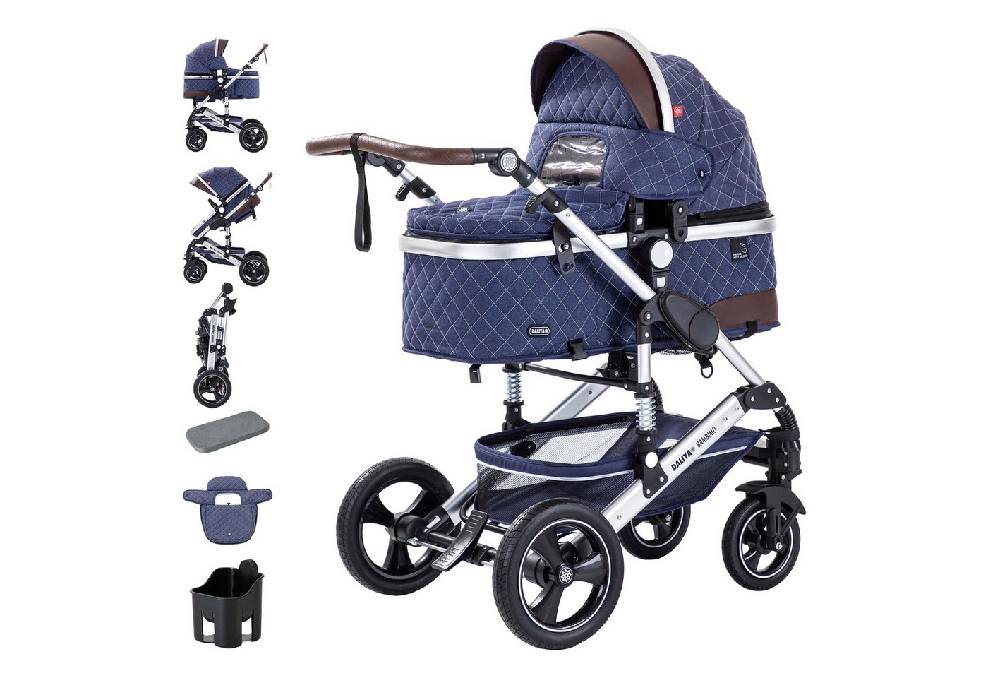 Daliya® Kombi-Kinderwagen BAMBIMO 2in1 Kinderwagen & Buggy, Babywanne und Sportsitz, Alu-Rahmen, (Grundausstattung für Babys, 9-tlg), Großer Einkaufskorb, Federung, weiche Matratze, Belüftungssystem von Daliya®