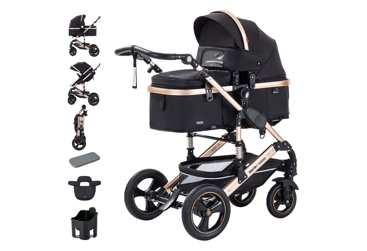 Daliya® Kombi-Kinderwagen BAMBIMO 2in1 Kinderwagen & Buggy, Babywanne und Sportsitz, Alu-Rahmen, (Grundausstattung für Babys, 9-tlg), Großer Einkaufskorb, Federung, weiche Matratze, Belüftungssystem von Daliya®