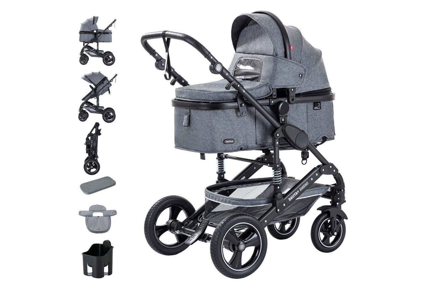 Daliya® Kombi-Kinderwagen BAMBIMO 2in1 Kinderwagen & Buggy, Babywanne und Sportsitz, Alu-Rahmen, (Grundausstattung für Babys, 9-tlg), Großer Einkaufskorb, Federung, weiche Matratze, Belüftungssystem von Daliya®