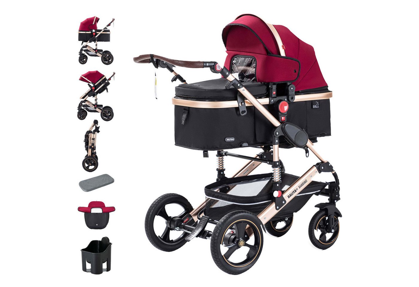 Daliya® Kombi-Kinderwagen BAMBIMO 2in1 Kinderwagen & Buggy, Babywanne und Sportsitz, Alu-Rahmen, (Grundausstattung für Babys, 9-tlg), Großer Einkaufskorb, Federung, weiche Matratze, Belüftungssystem von Daliya®