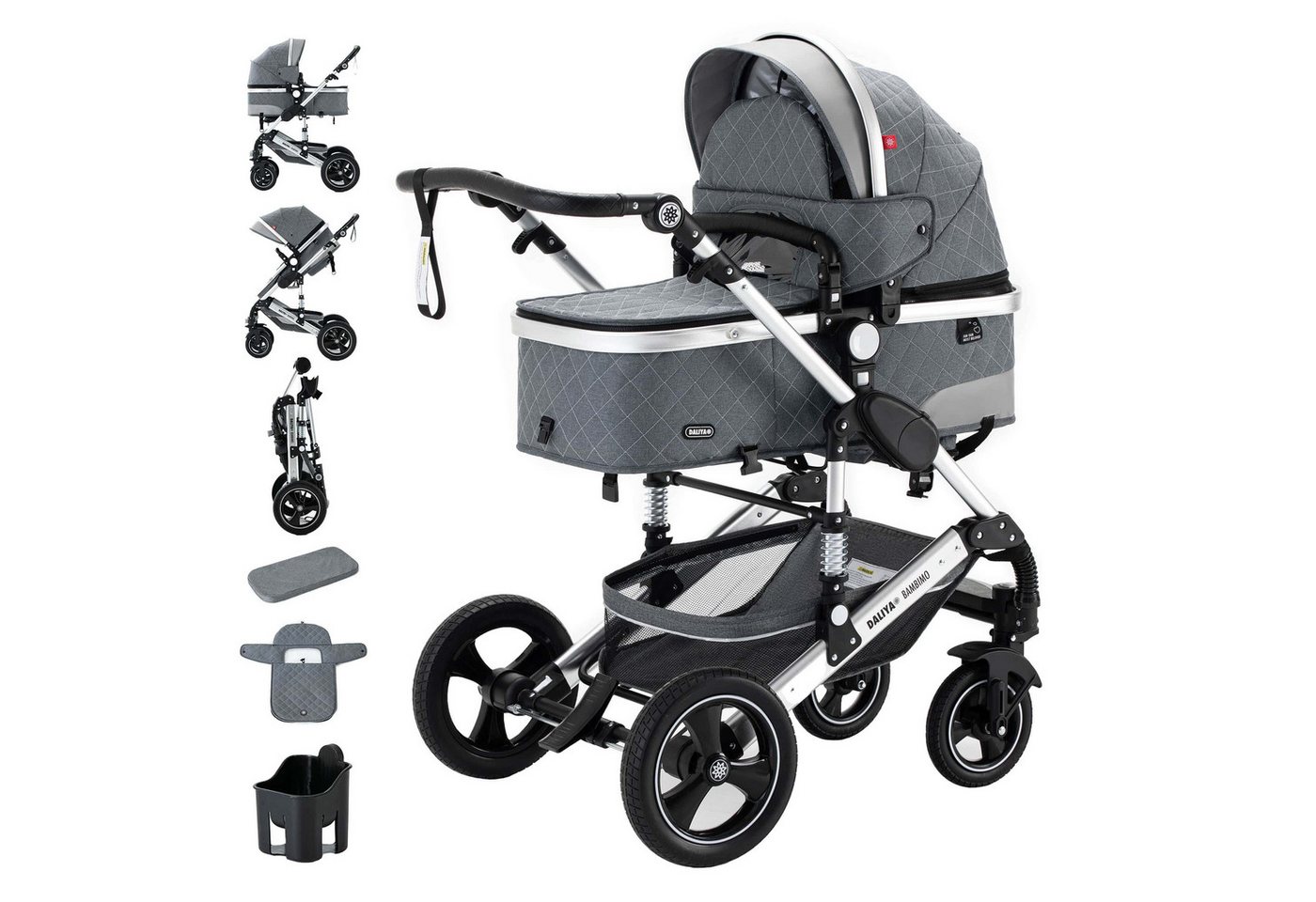 Daliya® Kombi-Kinderwagen BAMBIMO 2in1 Kinderwagen & Buggy, Babywanne und Sportsitz, Alu-Rahmen, (Grundausstattung für Babys, 9-tlg), Großer Einkaufskorb, Federung, weiche Matratze, Belüftungssystem von Daliya®