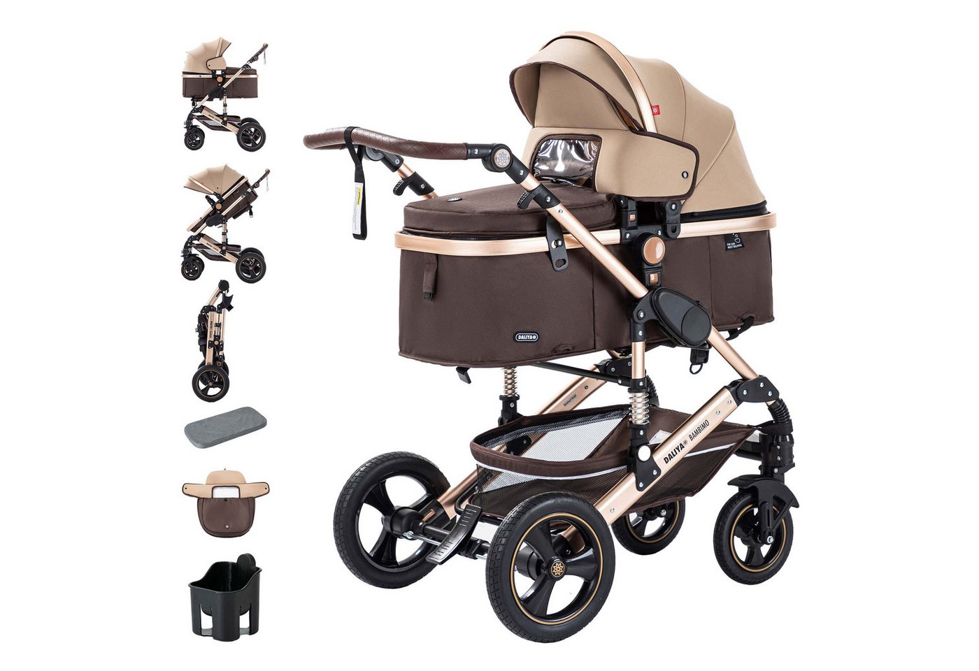 Daliya® Kombi-Kinderwagen BAMBIMO 2in1 Kinderwagen & Buggy, Babywanne und Sportsitz, Alu-Rahmen, (Grundausstattung für Babys, 9-tlg), Großer Einkaufskorb, Federung, weiche Matratze, Belüftungssystem von Daliya®