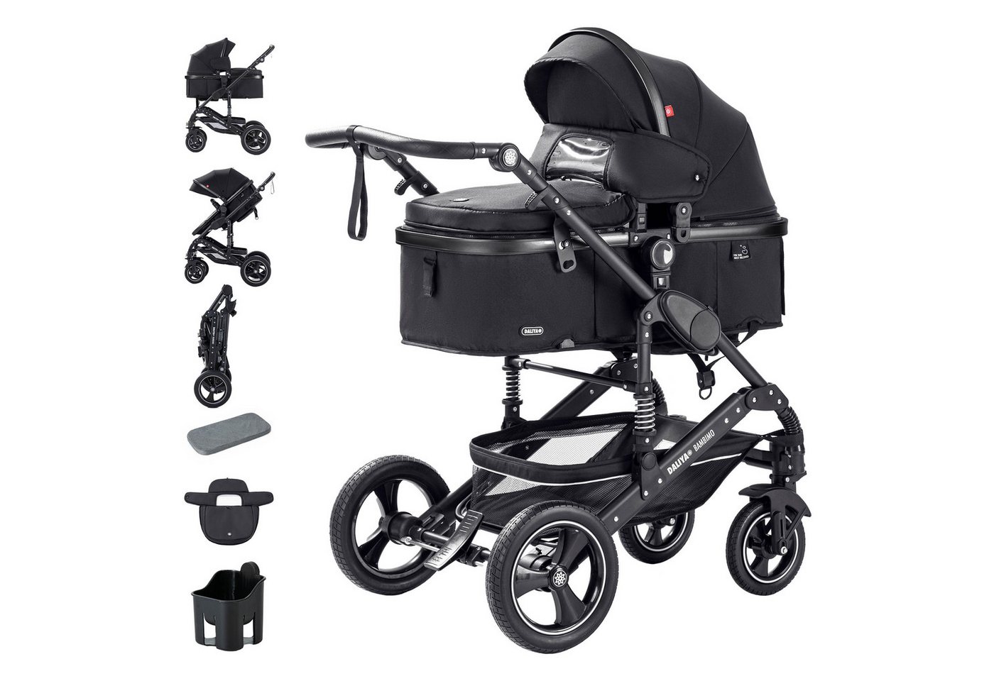 Daliya® Kombi-Kinderwagen BAMBIMO 2in1 Kinderwagen & Buggy, Babywanne und Sportsitz, Alu-Rahmen, (Grundausstattung für Babys, 9-tlg), Großer Einkaufskorb, Federung, weiche Matratze, Belüftungssystem von Daliya®