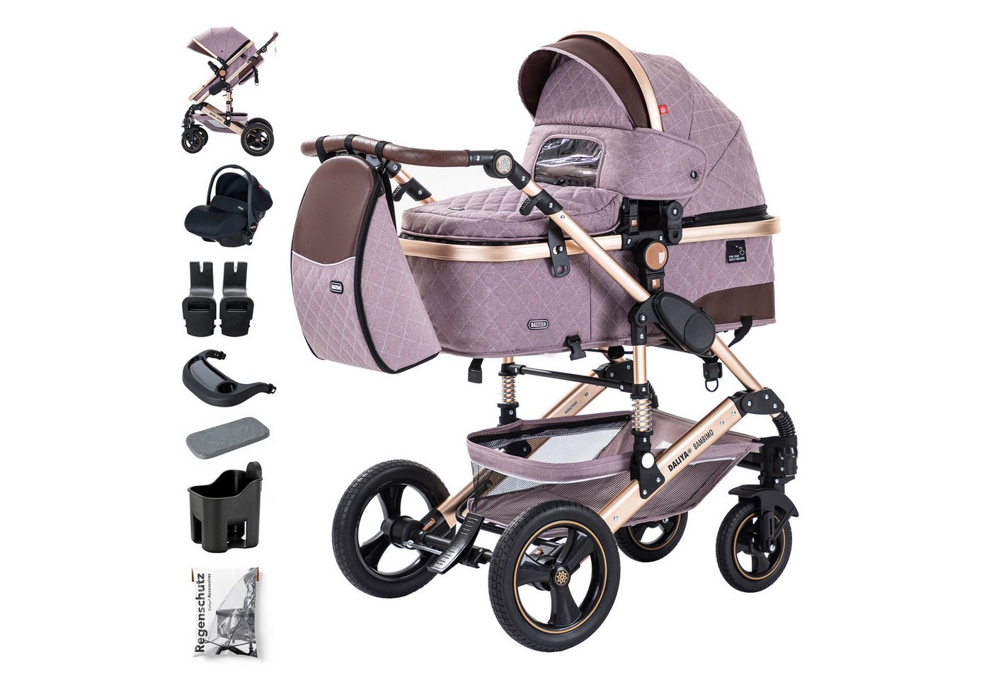 Daliya® Kombi-Kinderwagen BAMBIMO 3in1 Kinderwagen & Buggy mit Auto-Babyschale und Adapter, (XXL-Set inkl. Wickeltasche und Spieltisch, 15-tlg), Babyschale, Airless-Räder, Federung, weiche Matratze, Belüftungssystem von Daliya®