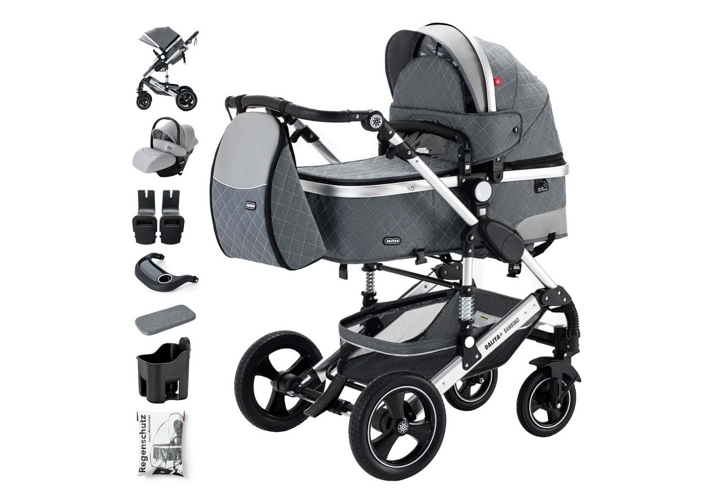 Daliya® Kombi-Kinderwagen BAMBIMO 3in1 Kinderwagen & Buggy mit Auto-Babyschale und Adapter, (XXL-Set inkl. Wickeltasche und Spieltisch, 15-tlg), Babyschale, Airless-Räder, Federung, weiche Matratze, Belüftungssystem von Daliya®