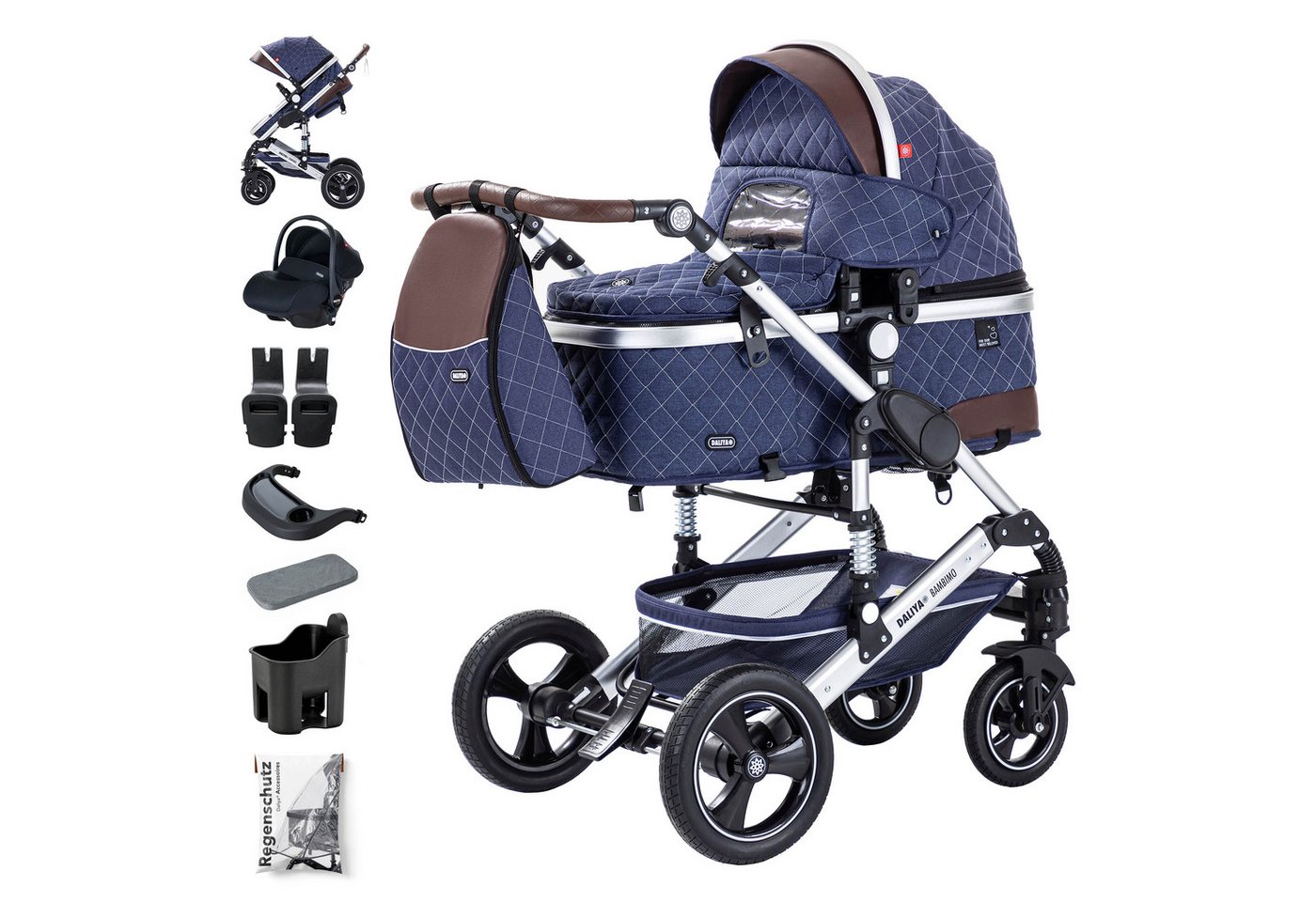 Daliya® Kombi-Kinderwagen BAMBIMO 3in1 Kinderwagen & Buggy mit Auto-Babyschale und Adapter, (XXL-Set inkl. Wickeltasche und Spieltisch, 15-tlg), Babyschale, Airless-Räder, Federung, weiche Matratze, Belüftungssystem von Daliya®