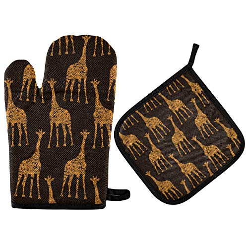 Dallonan Ofenhandschuhe und Topflappen, braun und orange, Giraffe, Ofenhandschuhe und Topflappen, hitzebeständig, rutschfest, Ofenhandschuhe zum Grillen und Backen, aus Polyester von Dallonan