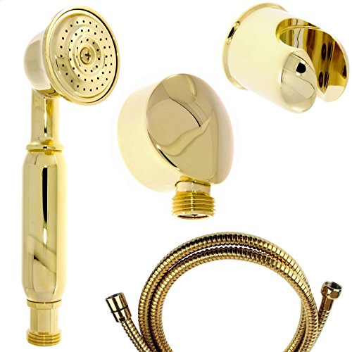 Nostalgie Retro Handbrause/Brause/Brausekopf/Duschkopf mit Brauseschlauch, Wandanschlussbogen und Brausehalterung aus Messing mit gold Oberfläche Nostalgie Retro Handbrause/Brause/Brausekopf/Duschkopf mit Brauseschlauch, Wandanschlussbogen und Brausehalterung aus Messing mit gold Oberfläche von Daloual