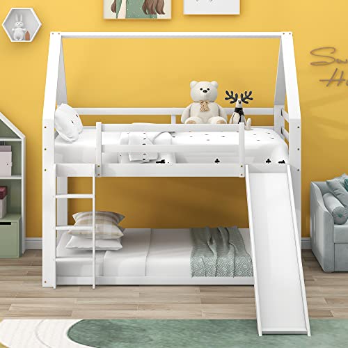 Dalred Einzelbett Kinderbett Hausbett Etagenbett mit Rutsche und Leiter, Weiß (90 * 200cm-1) von Dalred