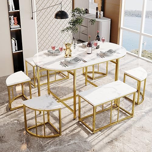 Dalred Esszimmertisch-Set mit sechs Stühlen, Essgruppe mit MDF-Sitzfläche und Eisenrahmen, Moderne Luxustische und -stühle (Gold/weiß) von Dalred