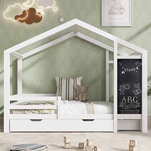 Dalred Kinderbett Hausbett 90x200 cm, Holzbett mit Tafel und 2 Schubladen, Massivholz mit Zaun und Lattenrost (ohne Matratze) von Dalred
