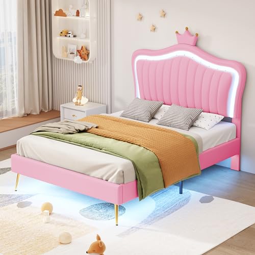 Dalred Kinderbett Polsterbet 90x200 cm, für Mädchen, Kronen-Doppelbettgestell aus PU-Leder mit LED-Leuchten, Lattenrost und Rückenlehne(Matratze Nicht enthaltet) (rosa) von Dalred