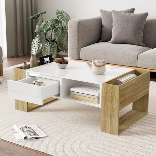Dalred Moderner Couchtisch 105 x 60 x 40 cm, mit Schubladen und offenen Fächern - teilweise Hochglanz von Dalred