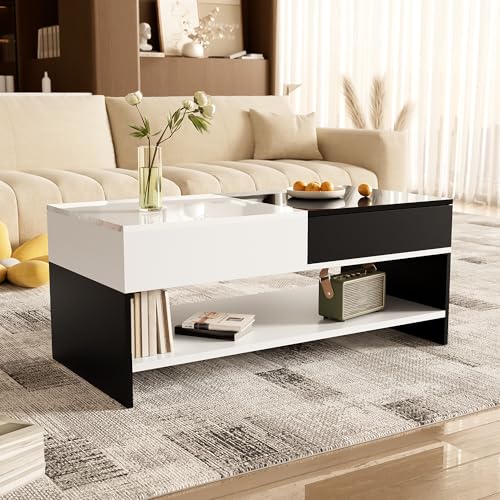 Dalred Moderner Couchtisch mit 2 Schubladen – Schwarz-Weiß-Design, Stauraum, 100 cm lang, Hochglanz-Tischplatte von Dalred