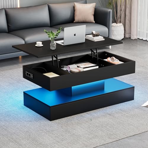 Dalred Moderner Couchtisch mit LED-Beleuchtung und verstecktem Stauraum - Beistelltisch mit hydraulischem Hub, 100×50×42 cm, 50 kg belastbar (Schwarz) von Dalred