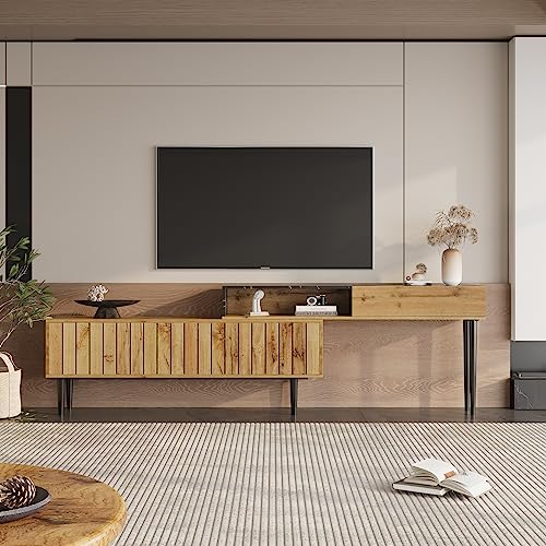 Dalred Moderner TV-Ständer mit Marmor- und Holzmaserungsdesign, PVC-Kante, Eisenbeinen, dunkle Holzfarbe, Heimdekoration, platzsparend, langlebig von Dalred
