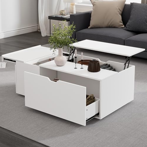 Dalred Moderner multifunktionaler weißer Lift-up-Couchtisch mit Schubladen und Schiebetüren, geeignet für eine Vielzahl von Wohnstilen, Flexibler Raum von Dalred